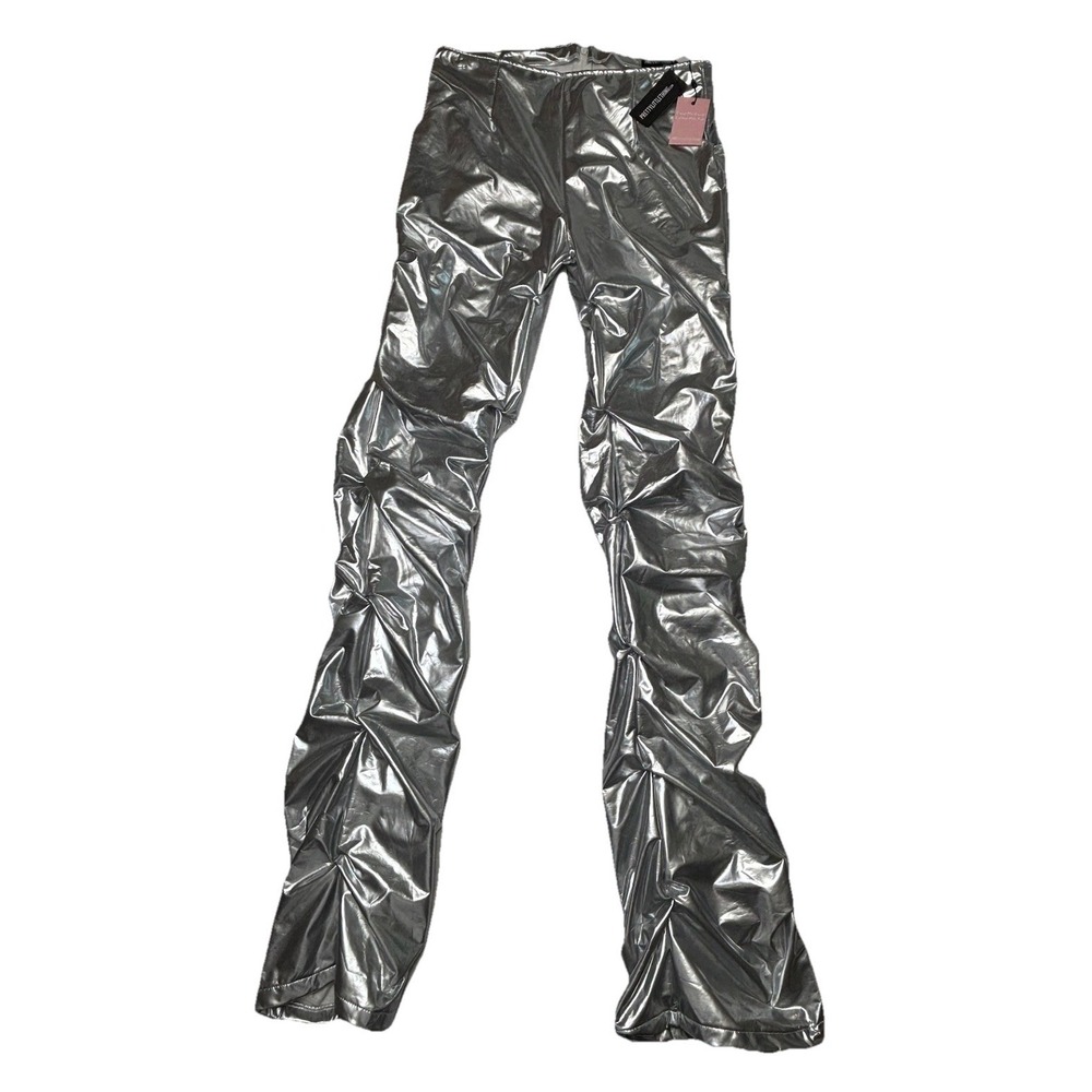 PrettyLittleThing Silver Faux Leather Ruched Flare Pants Women's US 6 NWT
